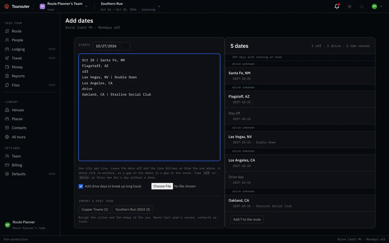Adding dates in Tourouter by pasting a routing, with a live preview counting five dates, one day off, one drive day and two new venues, and warning that one show lands on a day kept clear.