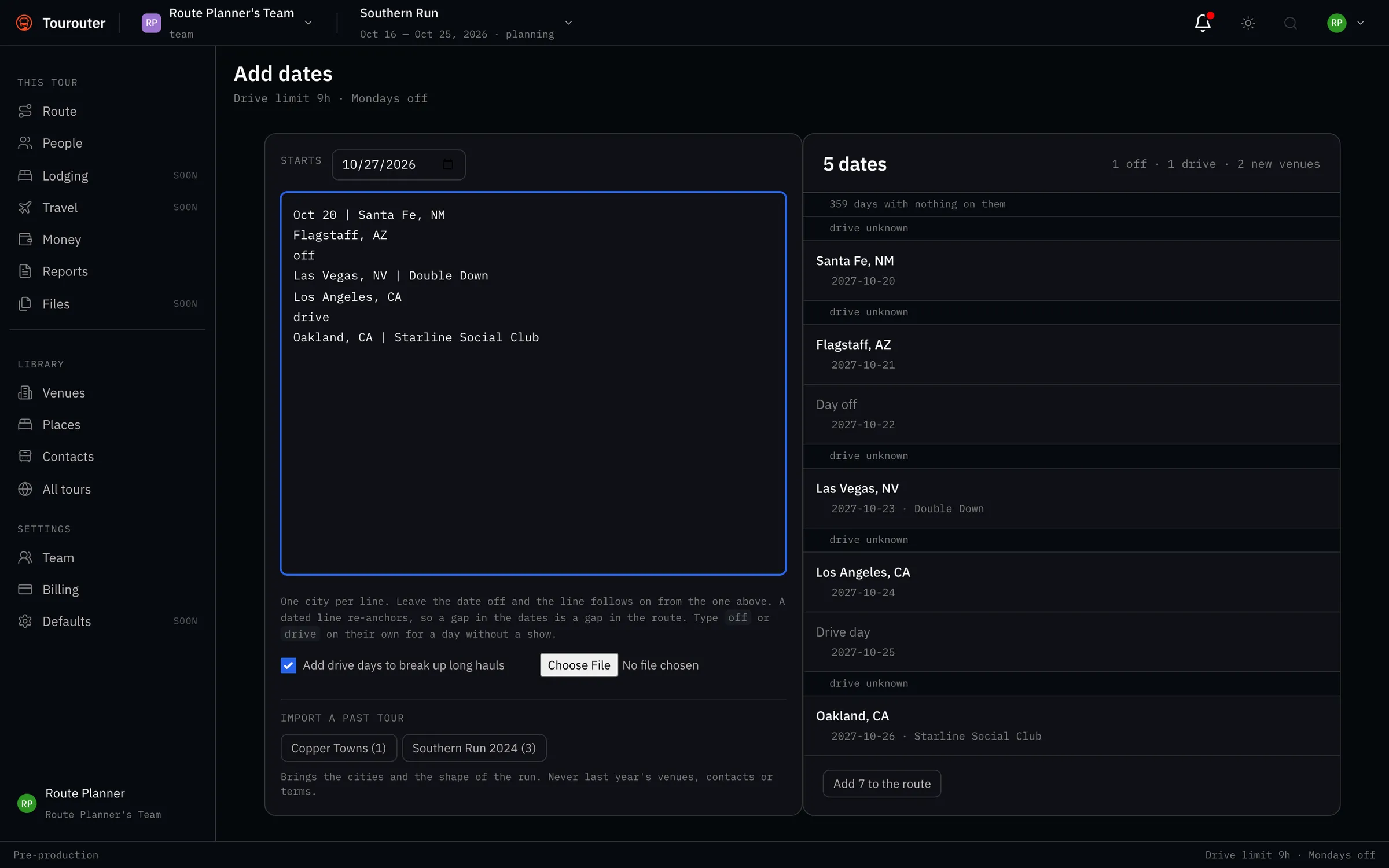 Adding dates in Tourouter by pasting a routing, with a live preview counting five dates, one day off, one drive day and two new venues, and warning that one show lands on a day kept clear.