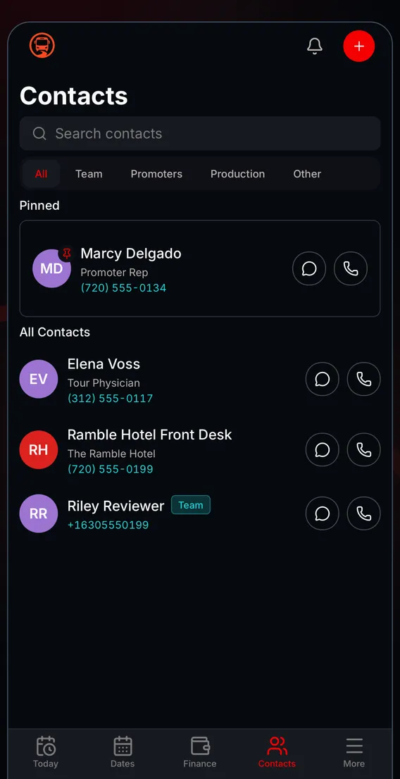 The Tourouter Contacts screen, showing pinned promoter and venue contacts with call and message actions.