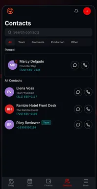 The Tourouter Contacts screen on a phone.
