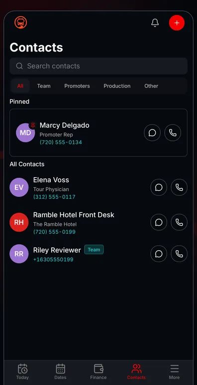 The Tourouter Contacts screen on a phone.