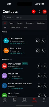 The Tourouter Contacts screen on a phone.