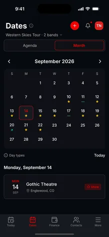 The Tourouter Dates screen in month view, with show days, drives and days off marked on the calendar.