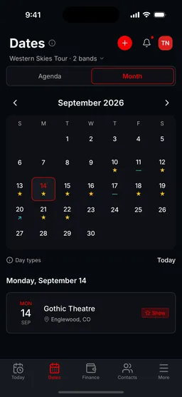 The Dates tab on a phone in month view, with stars on show days, a dash on days off and an arrow on a travel day across September.
