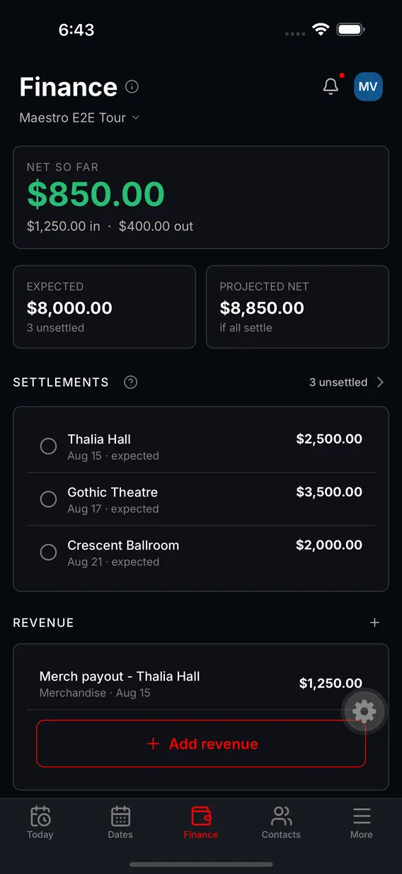 The Tourouter Finance screen, showing net so far, expected income, and a list of unsettled shows with their guarantees.
