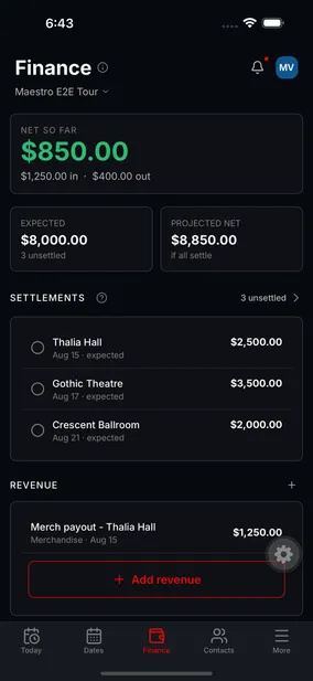 The Tourouter Finance screen, showing net so far, expected income, and a list of unsettled shows with their guarantees.