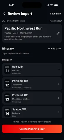 The Tourouter import screen, showing dates read from a pasted itinerary as an editable draft.