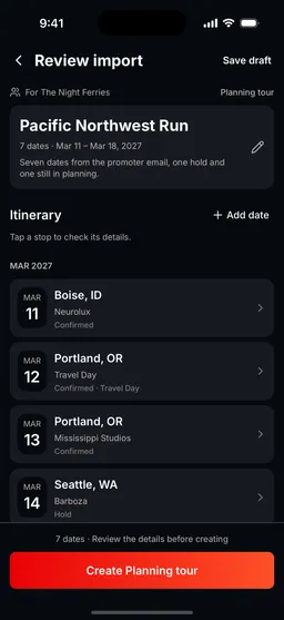The Review import screen on a phone, showing a Pacific Northwest Run with seven dates listed by month and a Create Planning tour button.