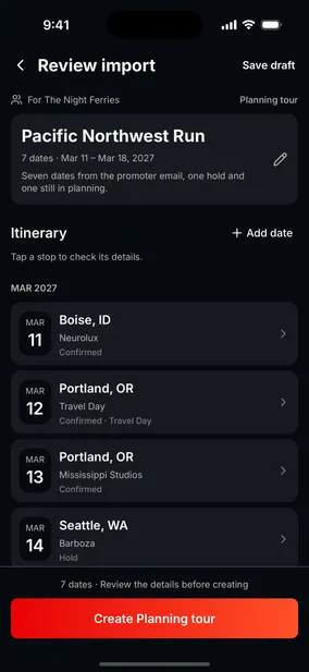 The Tourouter import screen, showing seven dates read from a pasted itinerary as an editable draft, ready to become a Planning tour.