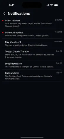 The Tourouter notifications screen, listing a guest list request, a schedule change and the morning day sheet.
