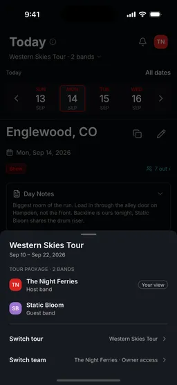 The tour sheet on a phone for the Western Skies Tour, reading Tour Package, 2 bands, with The Night Ferries as host band and Static Bloom as guest band.