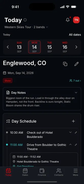 The Tourouter Today screen, showing a show day at the Gothic Theatre with the day notes and the schedule from hotel checkout and the drive through load in to the set.