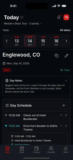 The Tourouter Today screen, showing a show day at the Gothic Theatre with day notes, the day schedule from a 1:30 drive to a 9:00 set, and the venue guarantee and capacity.