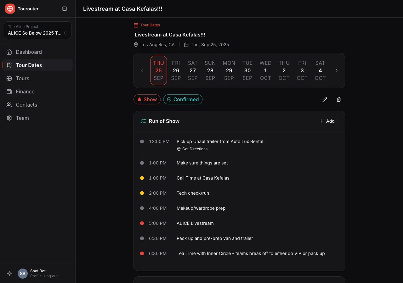 The Tourouter web app, showing the tour sidebar with dates, finance and contacts, and a tour date open with its run of show.