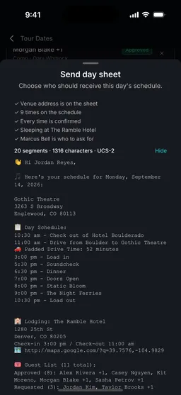 The Send day sheet screen on a phone, with checks for the venue address, schedule, lodging and contact, and the full text of the day sheet for a show at the Gothic Theatre.