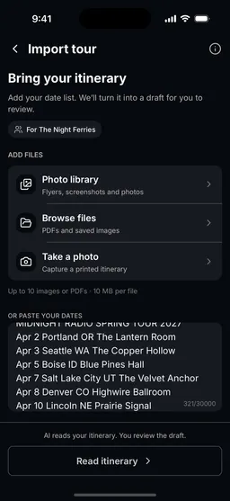 The Tourouter Import tour screen on a phone, with Photo library, Browse files and Take a photo, and a pasted date list below.