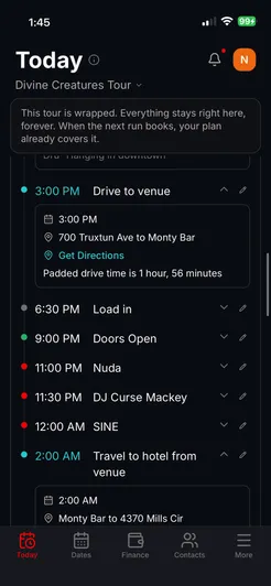 The same day sheet further down: the padded drive to the venue, load-in, doors, the three set times, and the 2:00 AM drive to the hotel.