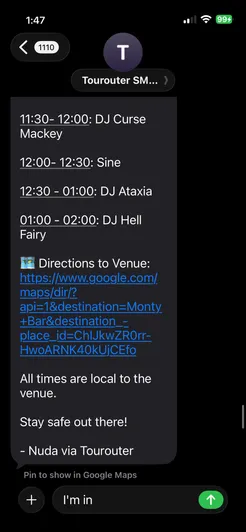The end of the same text: the DJ set times, a directions link to the venue, and the sign-off, Nuda via Tourouter.