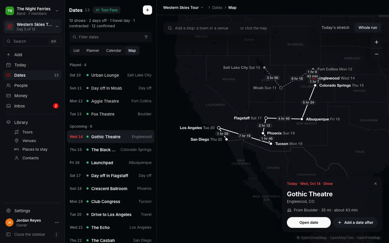 The Tourouter route map on the web: the Western Skies Tour from Salt Lake City down to San Diego, every leg with its drive time, and tonight's show in Englewood picked out.