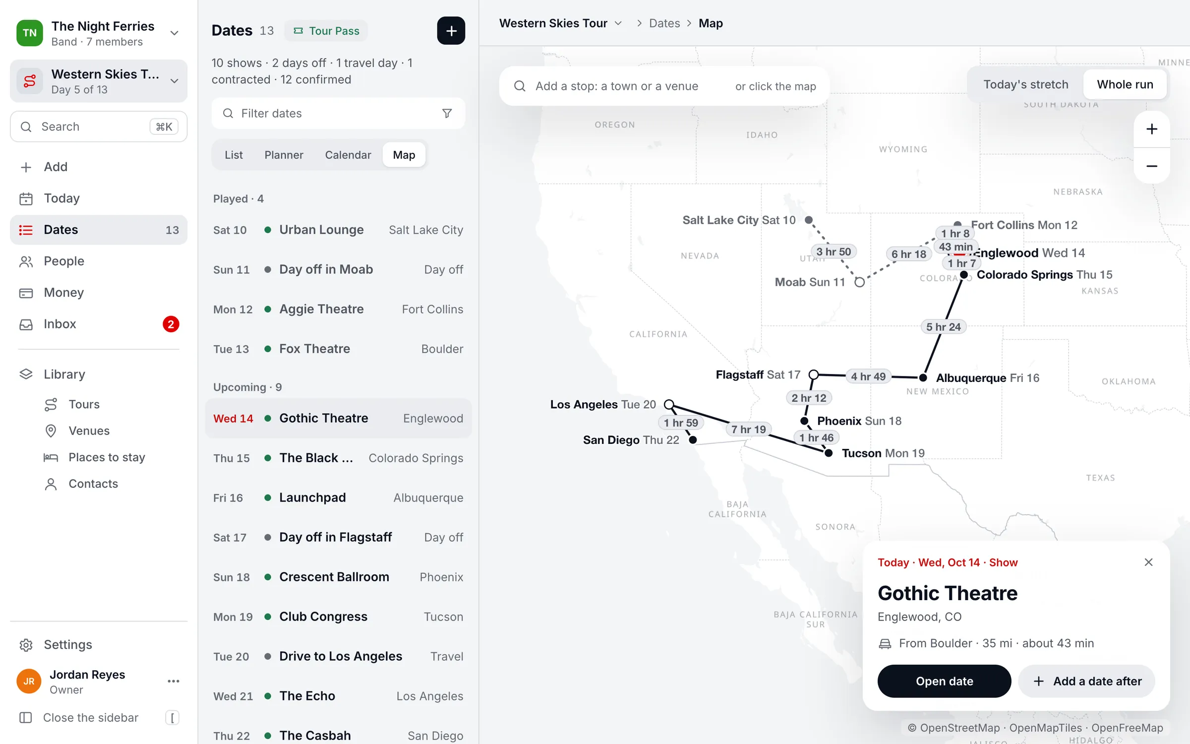 The Tourouter route map: the Western Skies Tour from Salt Lake City down to San Diego, each stop labelled with its night and every leg with its drive time.