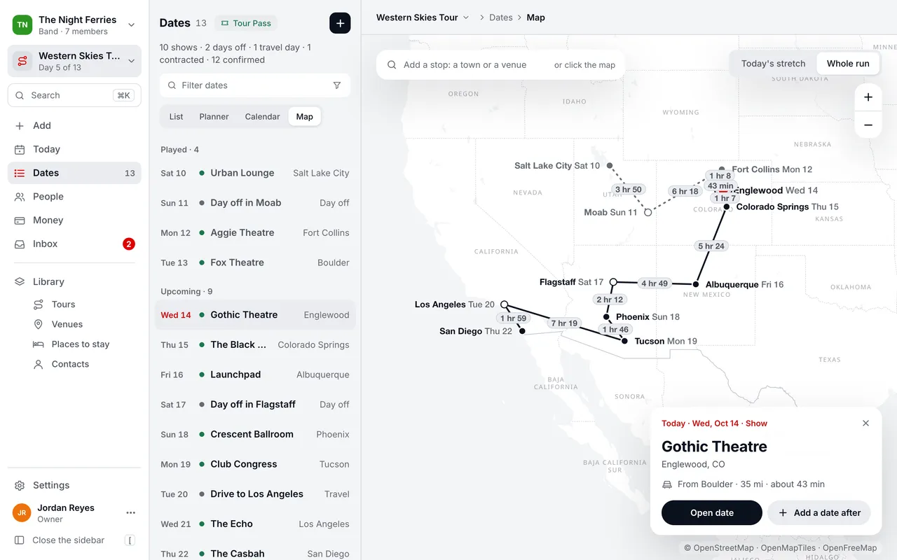 The Tourouter route map: the Western Skies Tour from Salt Lake City down to San Diego, each stop labelled with its night and every leg with its drive time.
