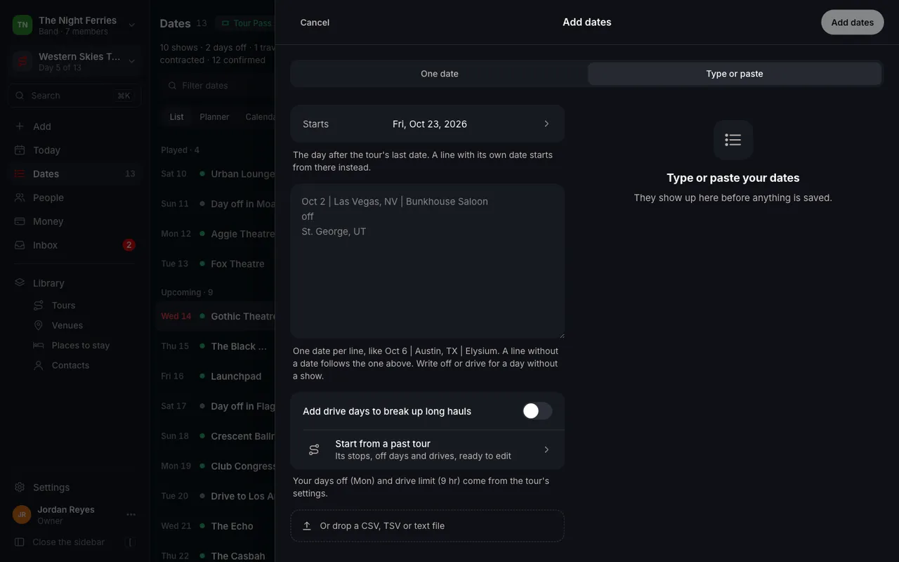 The Add dates sheet in Tourouter, set to Type or paste: a box for one date a line, and beside it the preview of what it finds, before anything is saved.