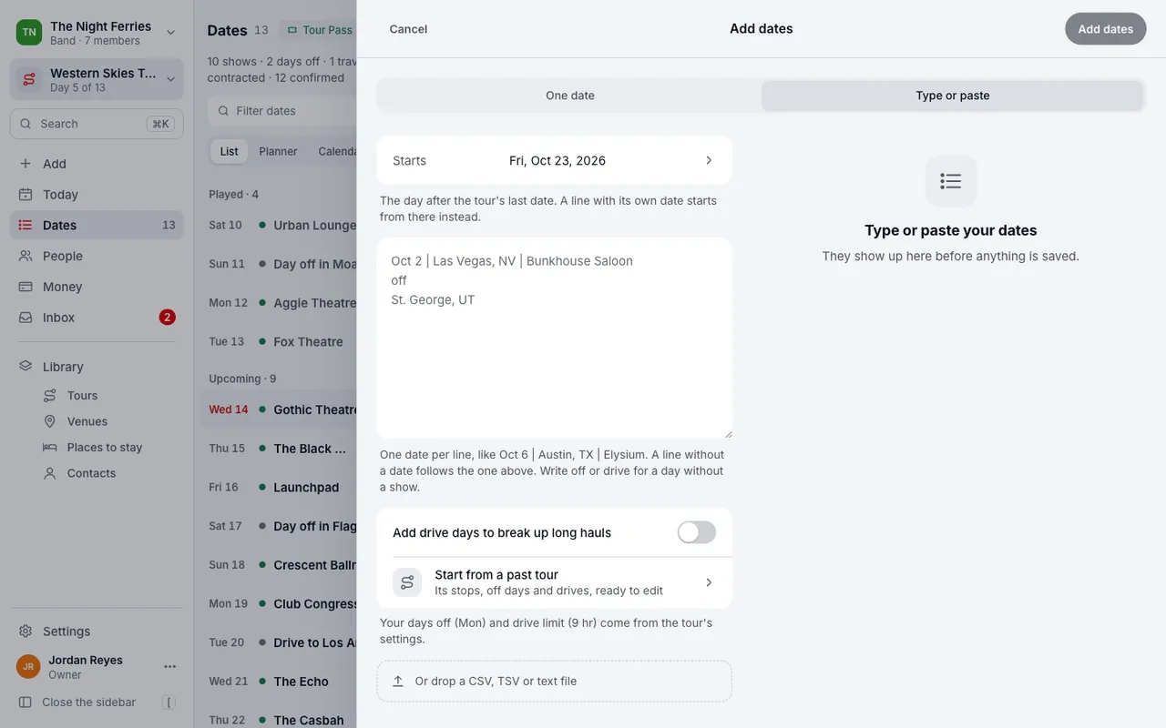 The Add dates sheet in Tourouter, set to Type or paste: a box for one date a line, and beside it the preview of what it finds, before anything is saved.