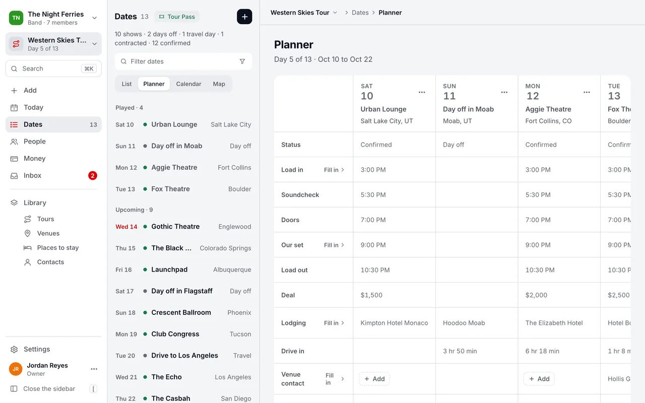The Tourouter Planner for the Western Skies Tour: one column per date with status, load in, set time, load out, the deal, lodging and the drive in from the night before.