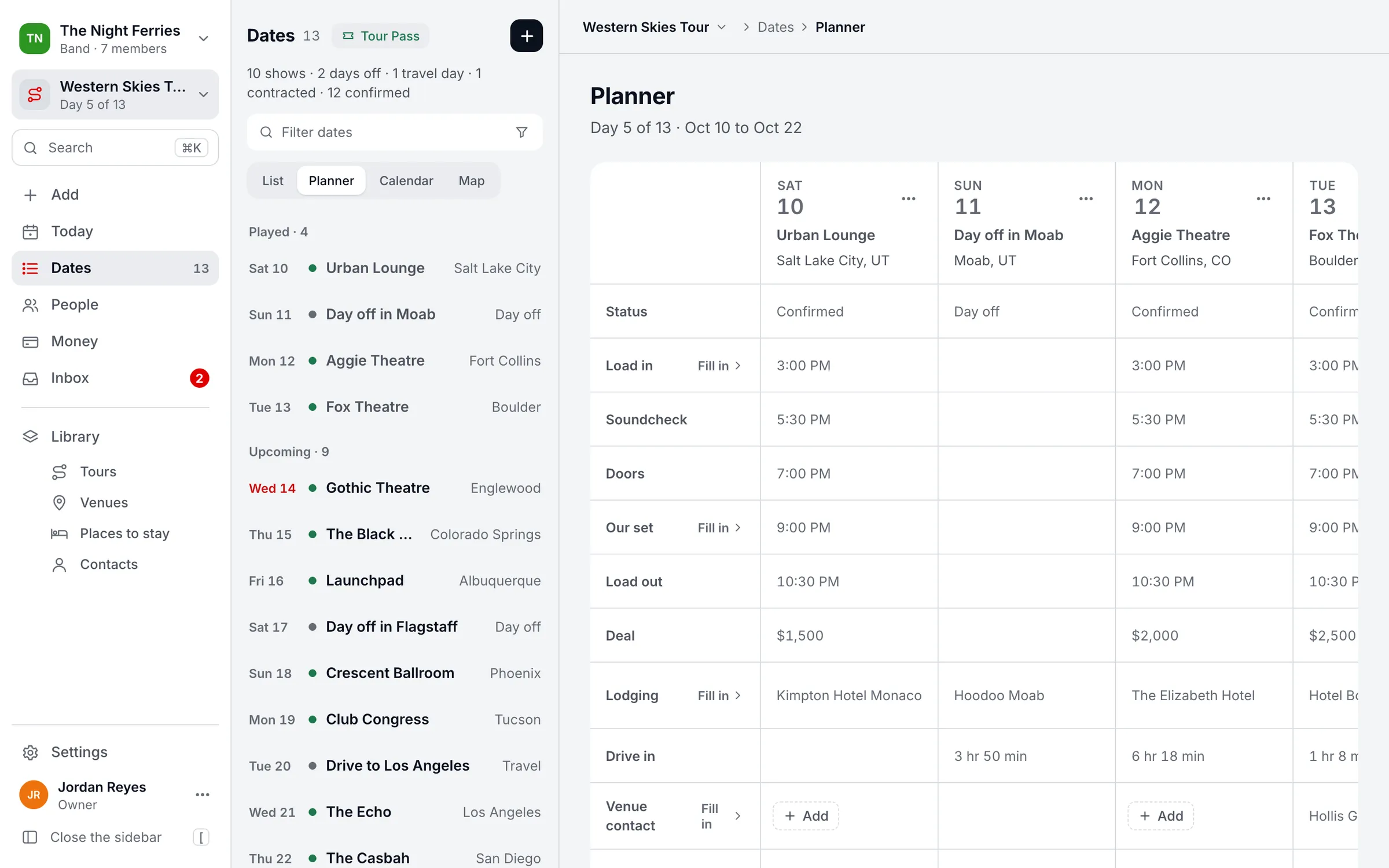 The Tourouter Planner for the Western Skies Tour: one column per date with status, load in, set time, load out, the deal, lodging and the drive in from the night before.