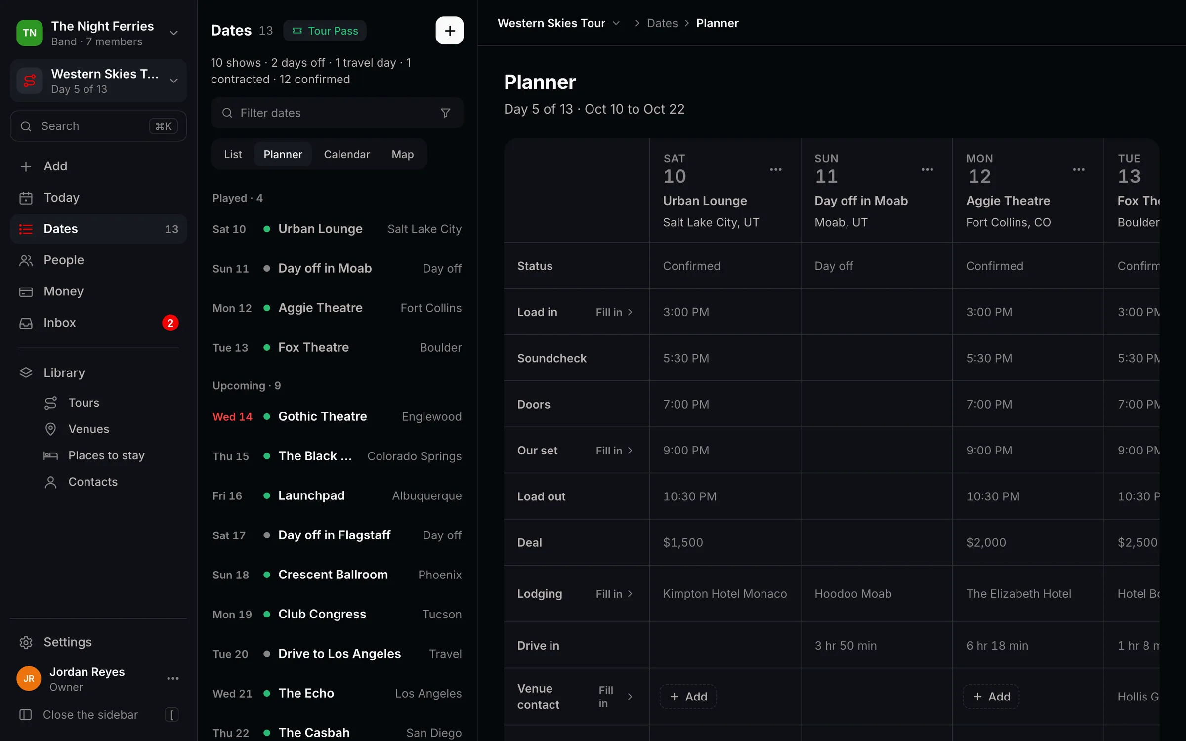 The Tourouter Planner for the Western Skies Tour: one column per date with status, load in, set time, load out, the deal, lodging and the drive in from the night before.