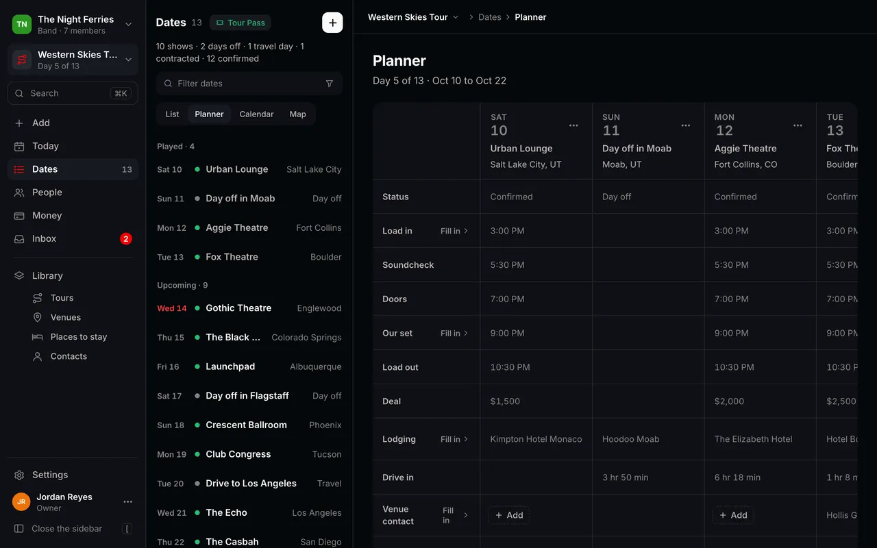 The Tourouter Planner for the Western Skies Tour: one column per date with status, load in, set time, load out, the deal, lodging and the drive in from the night before.