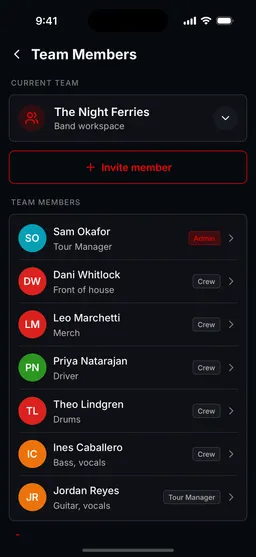 The Team Members screen on a phone, listing the band and crew with their roles, like Admin, Crew and Tour Manager.