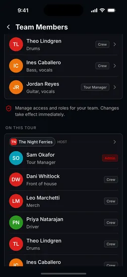 The Team Members screen on a phone, showing the On This Tour section with The Night Ferries marked as host and their crew listed below.